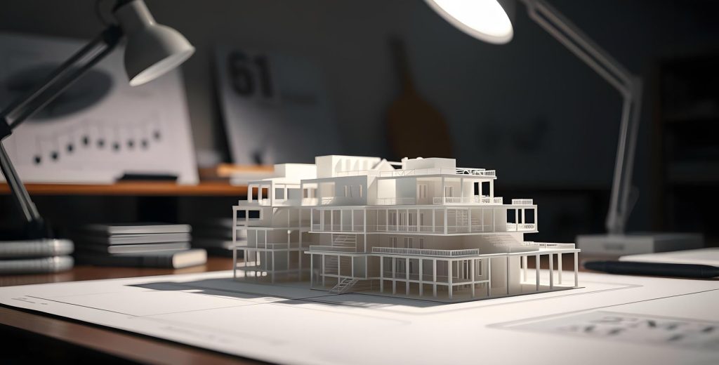 A creative architectural model in a workspace symbolizes innovation and design inspiration for future projects.