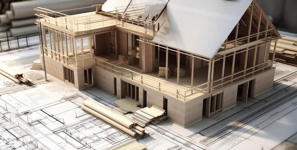 house architecture model on top of blueprints, generative ai